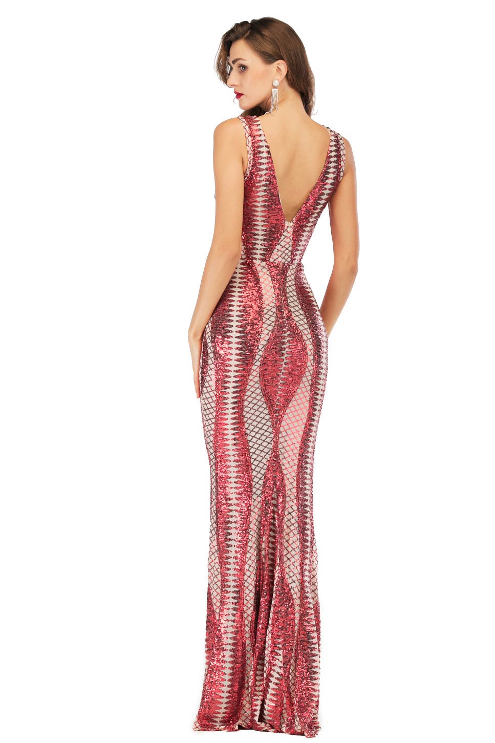 Sexy Red Sequined V Neck Sparkly Bodycon Prom Dress - Fashionpara