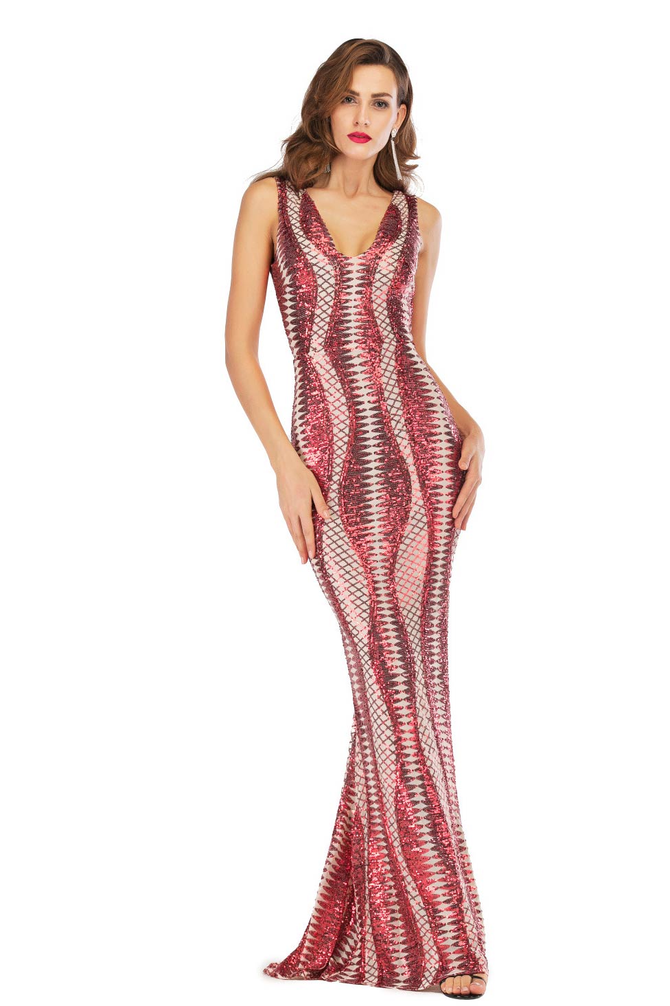 Sexy Red Sequined V Neck Sparkly Bodycon Prom Dress - Fashionpara