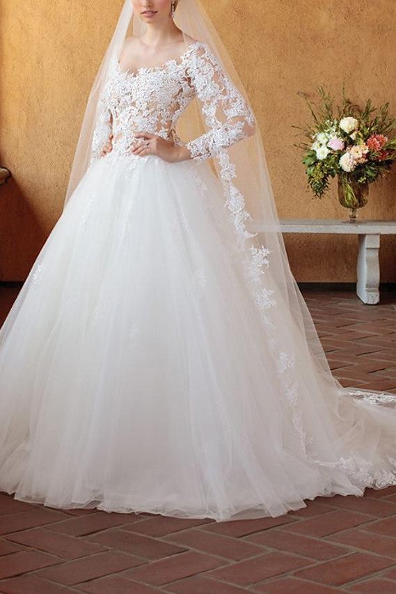 Sexy See-Through Ball Gown Wedding Dress V-neck Tulle 3/4 Sleeve Bridal Gowns in Color with Chapel Train