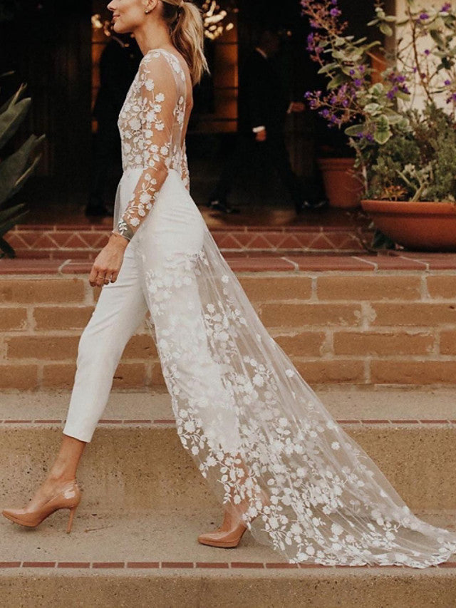Sexy See-Through Jumpsuits A-Line Beach Wedding Dress Jewel Lace Satin Long Sleeves Modern Bridal Gowns with Sweep Train