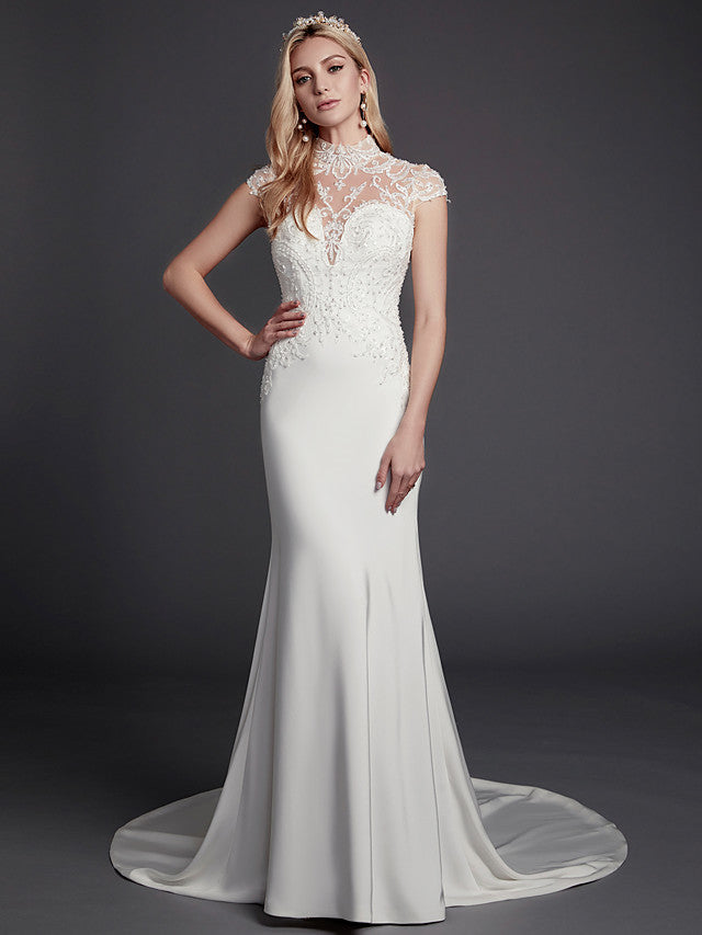 Sexy See-Through Mermaid Wedding Dress High-Neck Lace Satin Sleeveless Bridal Gowns Illusion Detail Backless with Court Train