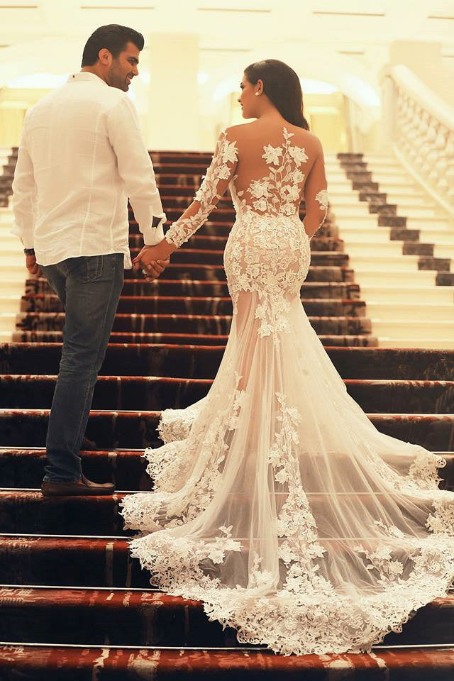 Sexy Sheer Tulle Mermaid Bridal Gowns Court Train Long Sleeve Plus Size Beach Wedding Dresses MH009