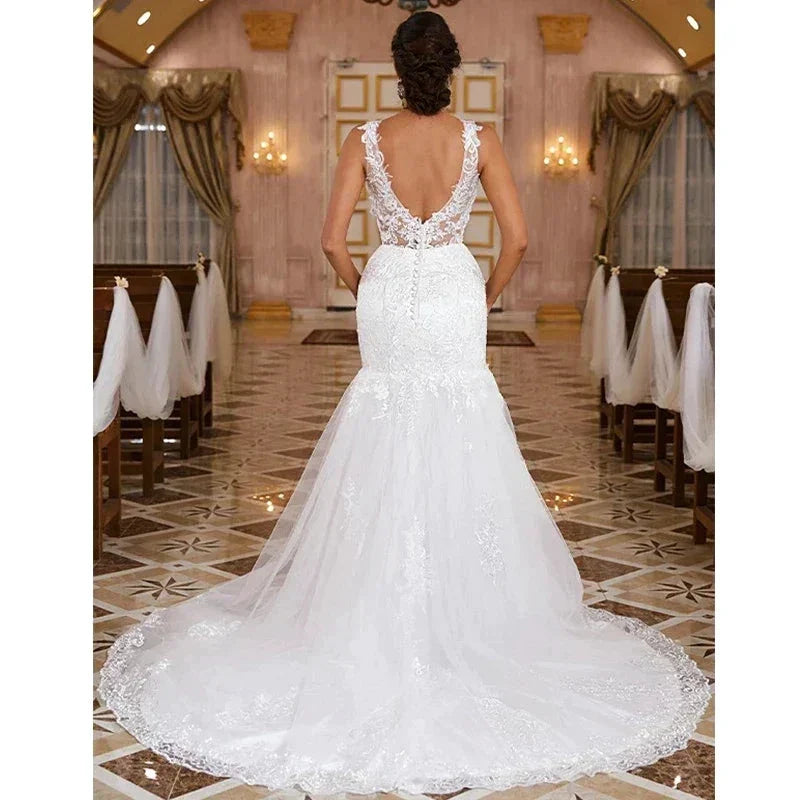 Sexy Sleeveless Sweetheart Wedding Dresses Women Gorgeous Lace Applique Mermaid Bridal Gowns Pleated Backless Formal Party Robe (ZD14184)