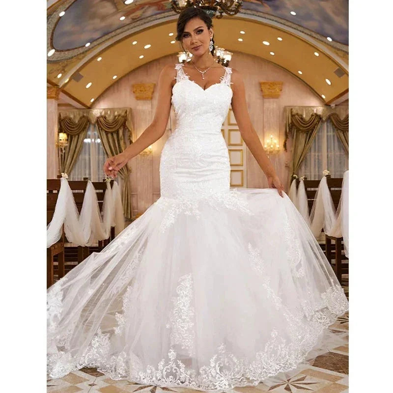 Sexy Sleeveless Sweetheart Wedding Dresses Women Gorgeous Lace Applique Mermaid Bridal Gowns Pleated Backless Formal Party Robe (ZD14184)