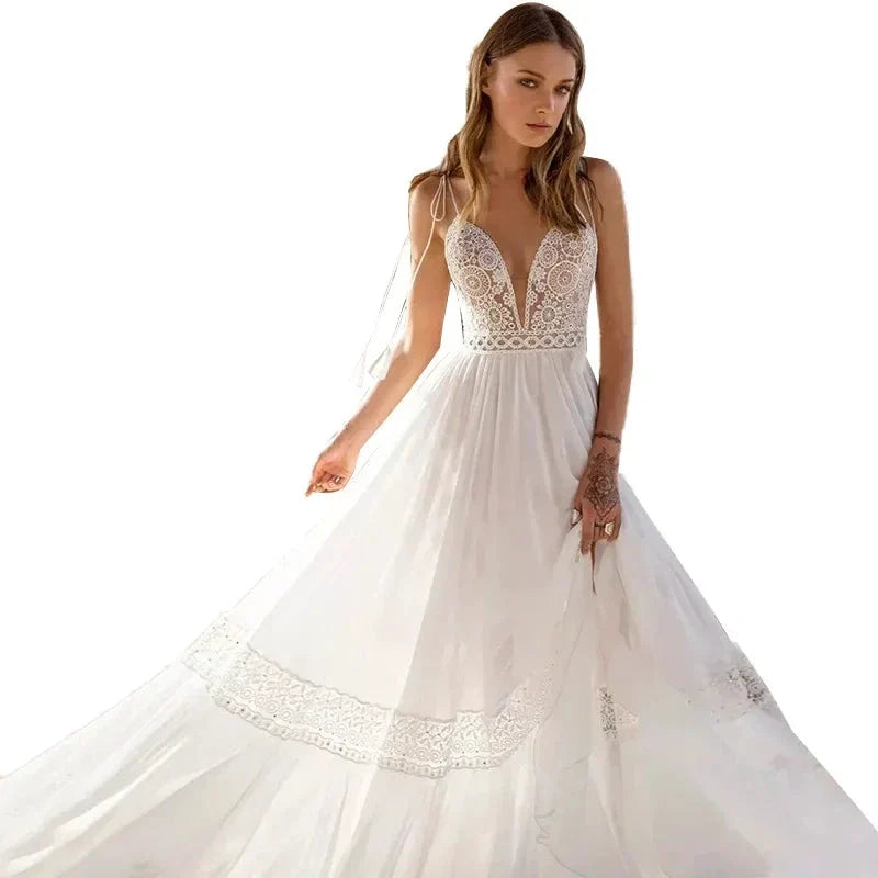 Sexy Spaghetti Straps A-line Deep V-Neck Backless Wedding Dresses  Sleeveless robe de mariée Bridal Gowns vestidos de novia 2023 (ZD13308)