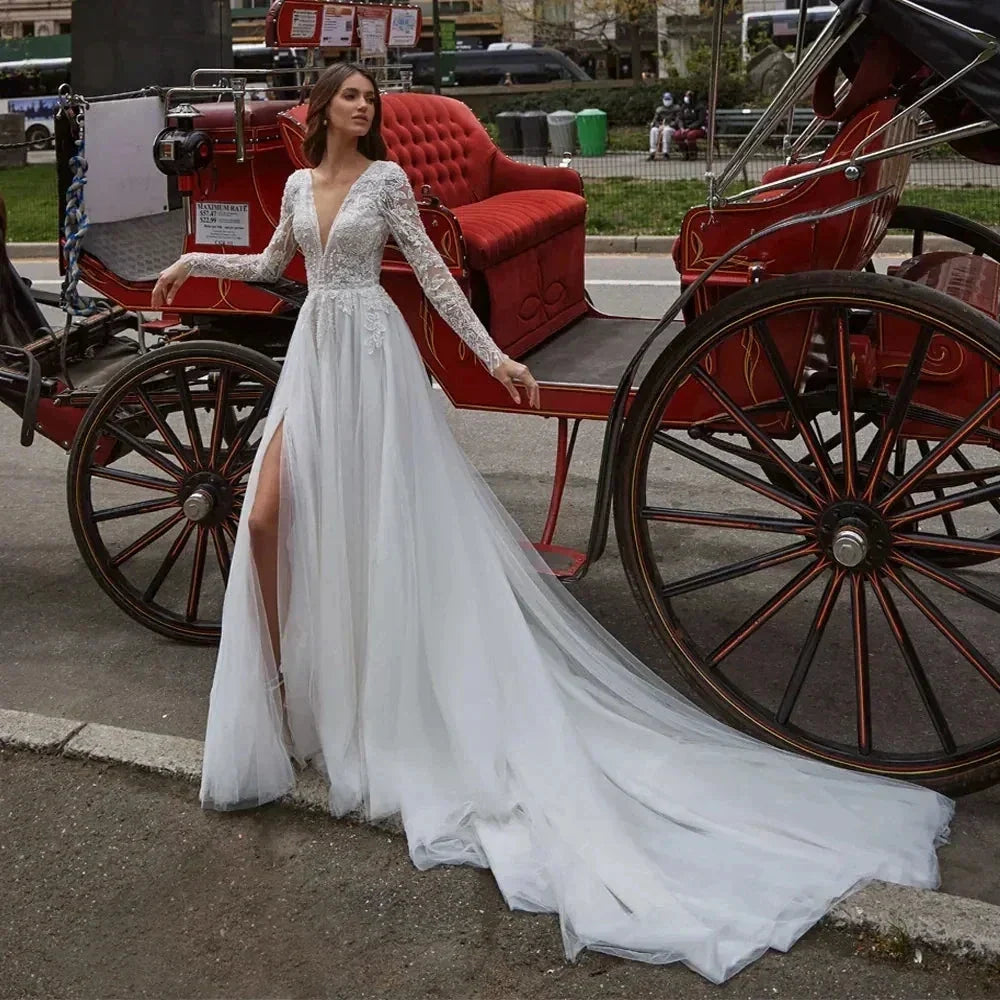 Sexy V Neck Backless Wedding Dresses Lace Long Sleeve Applique Princess Ball Gowns Fluffy A Line Side Slit formal ladies Party (ZD14254)