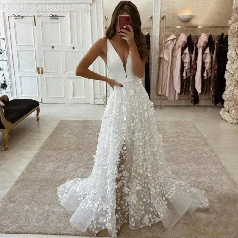Sexy V Neck Lace Appliques A Line Wedding Dress 2023 Off the Shoulder Satin Bridal Gown Sweep Backless Floor Robe De Mariée (ZD14239)