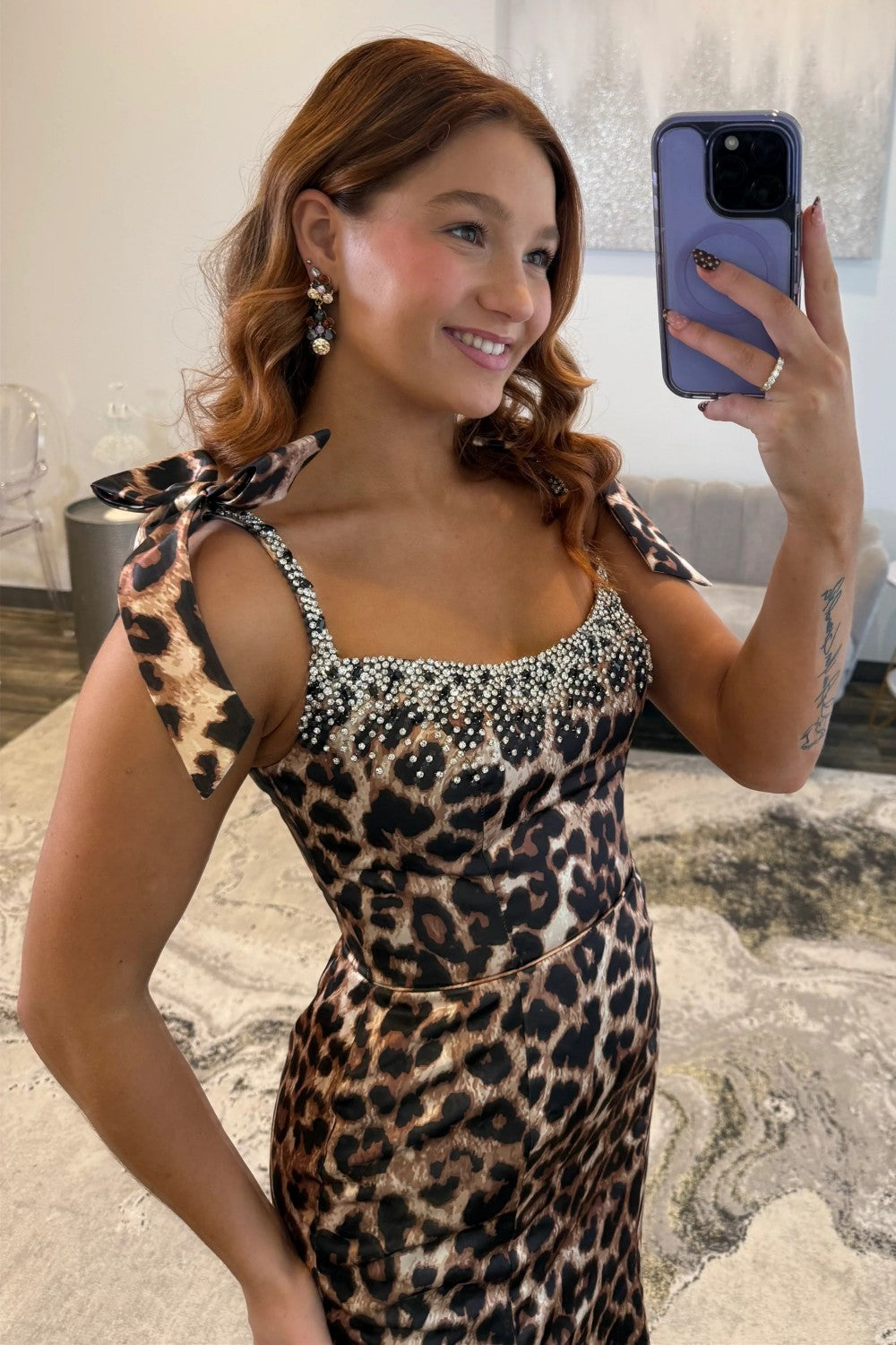 Hot Mermaid Spaghetti Straps Brown Leopard Printed Long Prom Dress with Beading