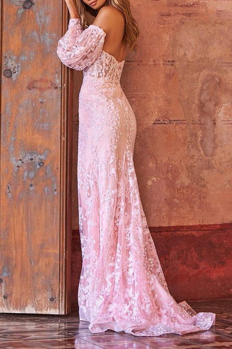 Sexy Pink Lace High Split Evening Prom Dresses - Fashionpara