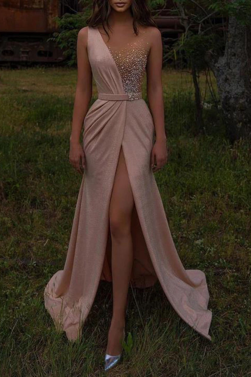 Sexy Pink Sleeveless Evening Gown Prom Dress - Fashionpara