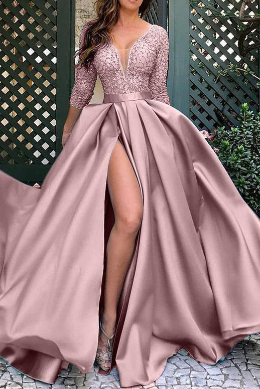 Sexy Pink Slit A-Line Formal Gown Prom Dress - Fashionpara