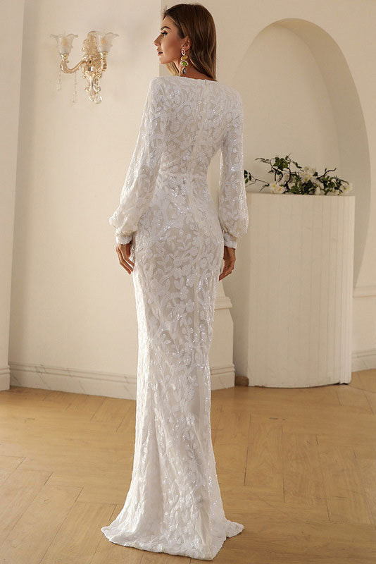 Sexy White Long Sleeve Plunging Evening Prom Dresses - Fashionpara