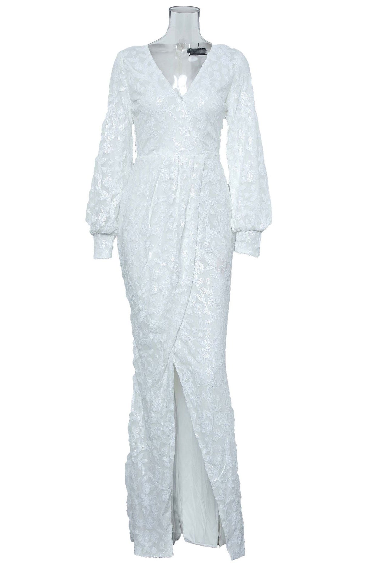 Sexy White Long Sleeve Plunging Evening Prom Dresses - Fashionpara