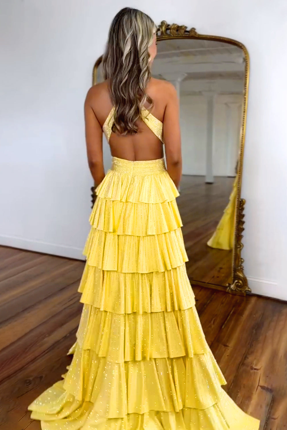 Sparkly A Line Halter Neck Long Tiered Dark Green Beaded Prom Dress with High Slit