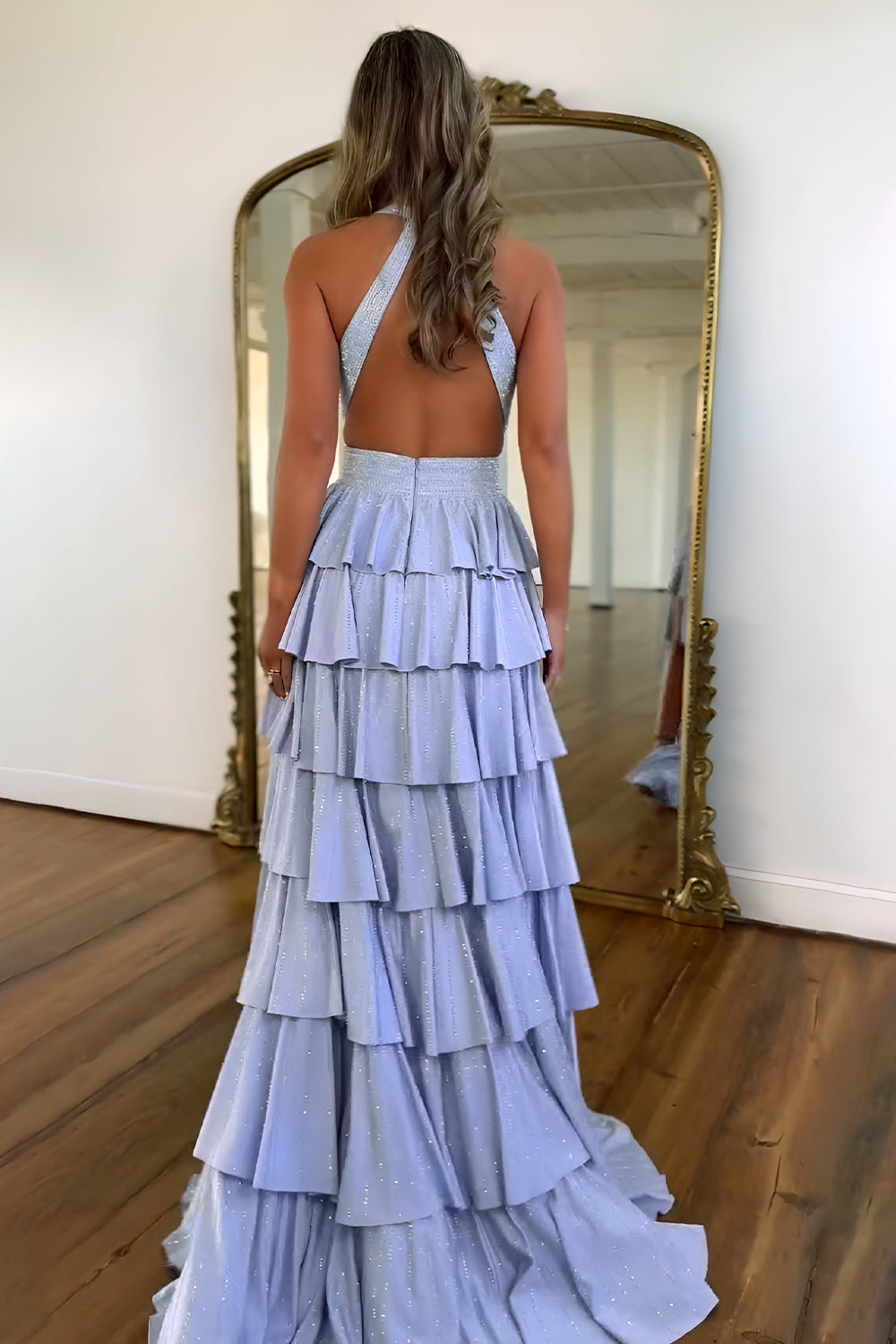 Sparkly A Line Halter Neck Long Tiered Dark Green Beaded Prom Dress with High Slit