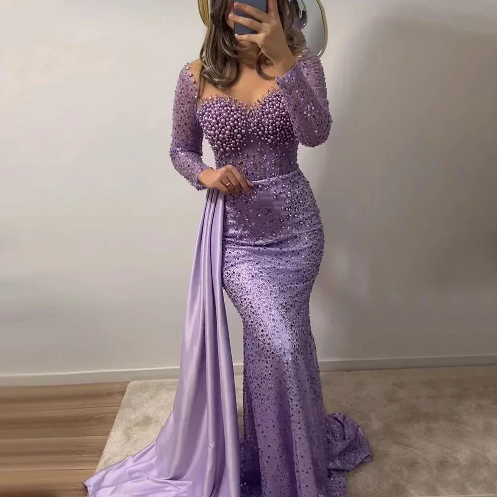 Customized Araibc Pearls Mermaid Evening Dresses Long for Women O Neck Long Sleeves Formal Prom Wedding Party robes de soirée Champagne