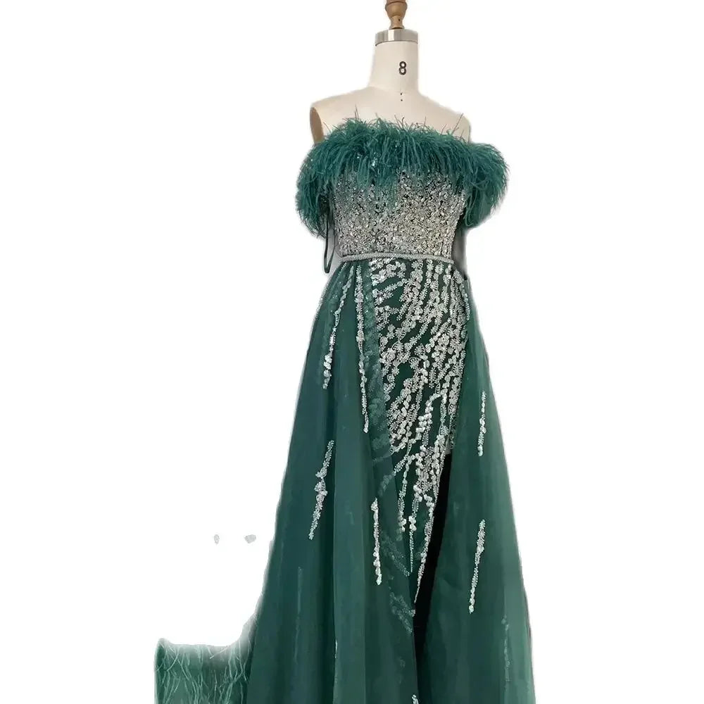 Zapdress Yellow Feathers Beaded Mermaid Evening Dresses with Overskirt Side Slit Party Gowns for Women DLA72061 Customized (ZD17213)