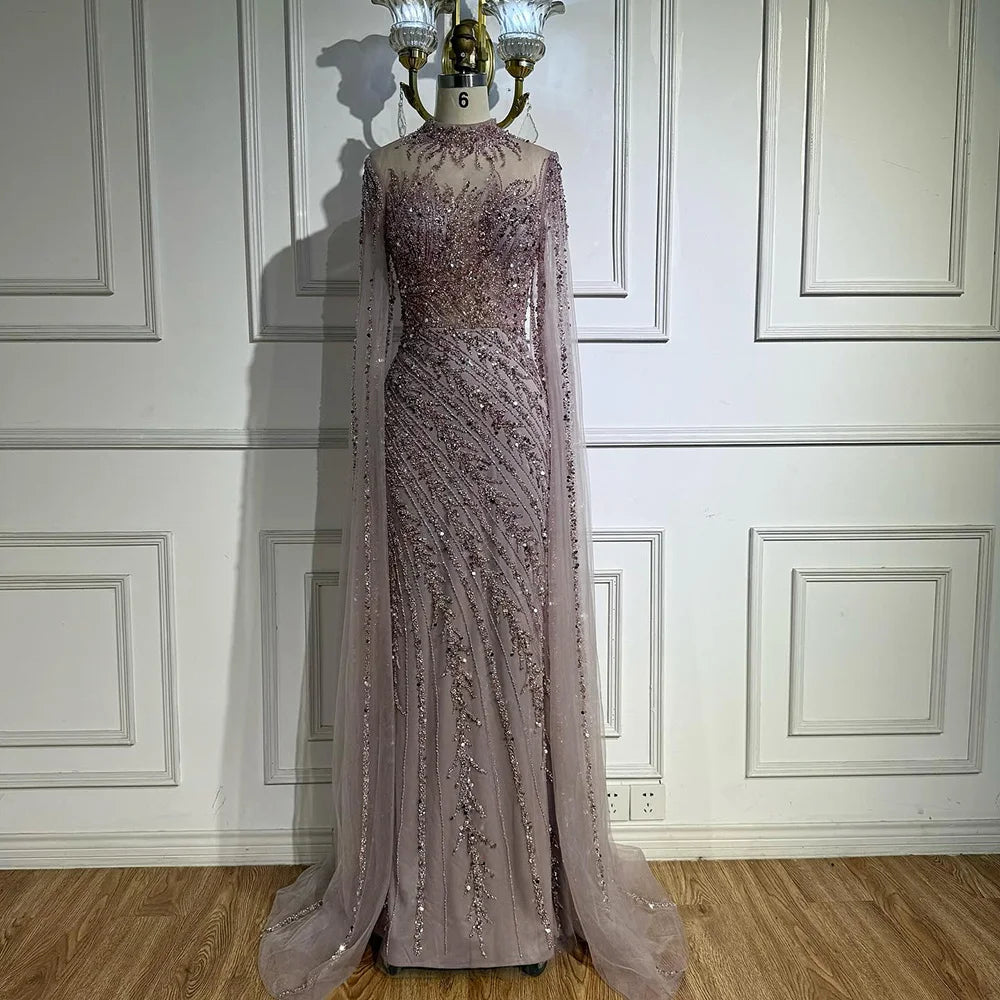 Zapdress Customized Caramel Mermaid Beaded Cape Sleeves Evening Dresses 2024 Dubai Party Gowns for Women Wedding DLA71885A (ZD17280)