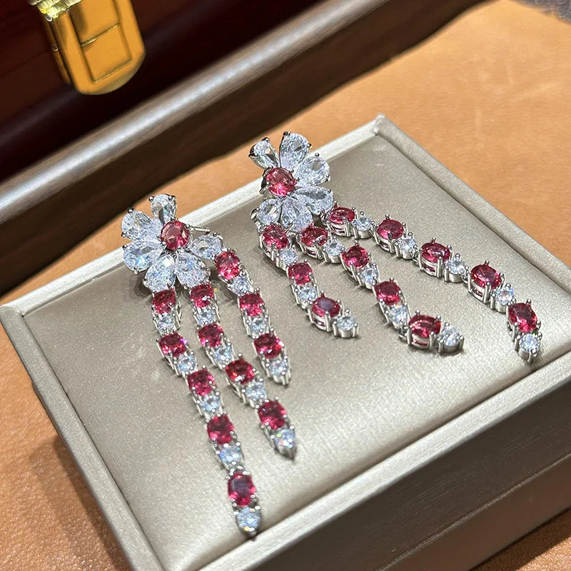 Vintage Red AAA Zircon Bridal Earrings Cubic Zirconia Wedding Earring Brides Accessories Dinner Party Dress Jewelry - View 3 | FashionDia