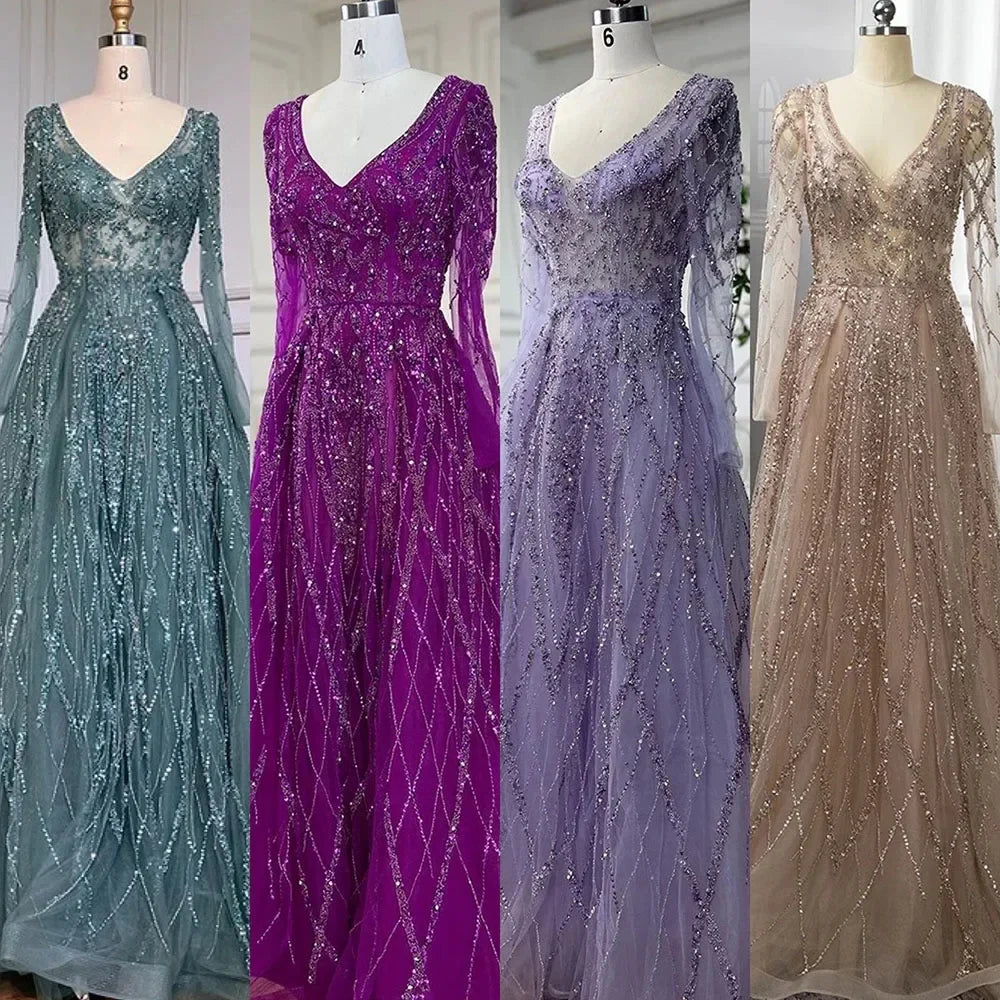 Zapdress Lilac V-neck A-line Long Sleeves Luxury Beaded Evening Dresses Party Gowns for Women Customized (ZD17273)