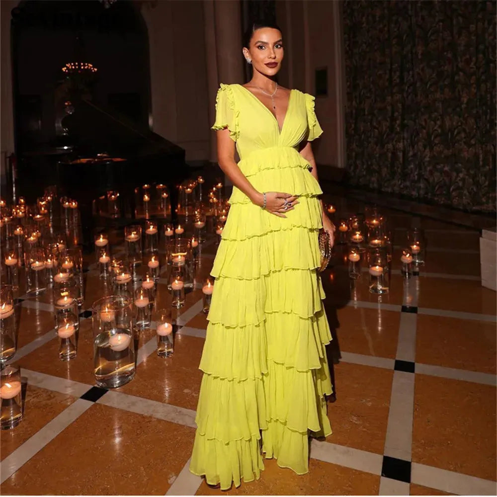 Elegant Lemon Yellow Prom Dress Chiffon Deep V-Neck Puff Sleeves Ruffles Tiered Side Slit Floor Length Evening Dress Yellow