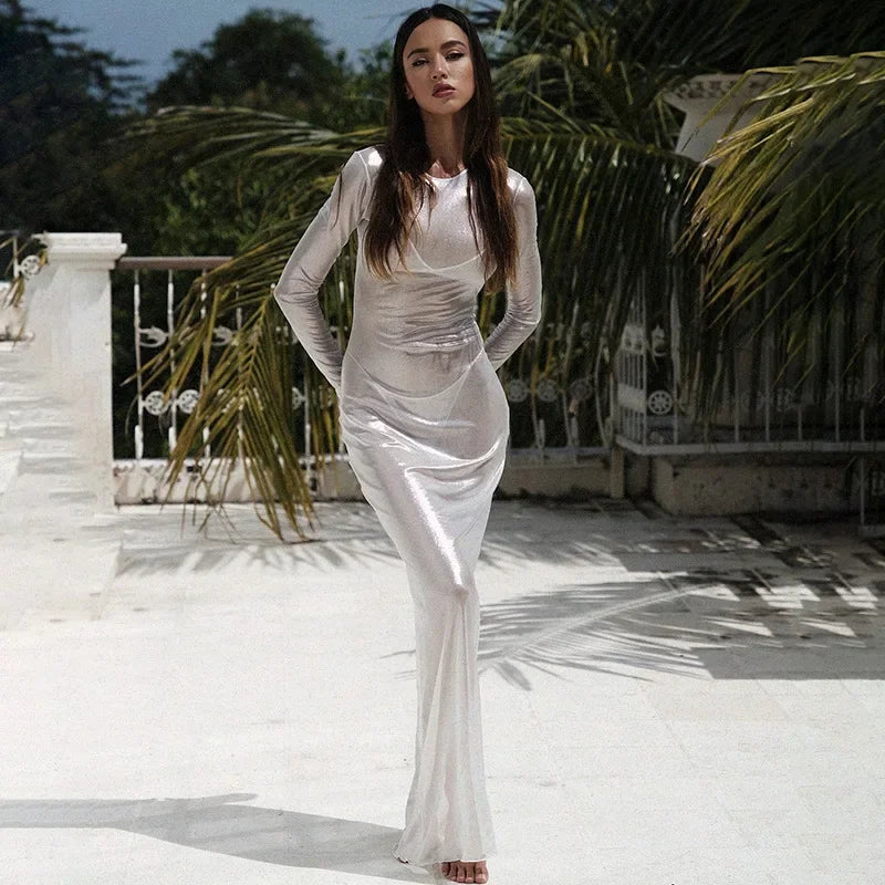 O - neck Full Sleeve Solid Color Mesh Dress