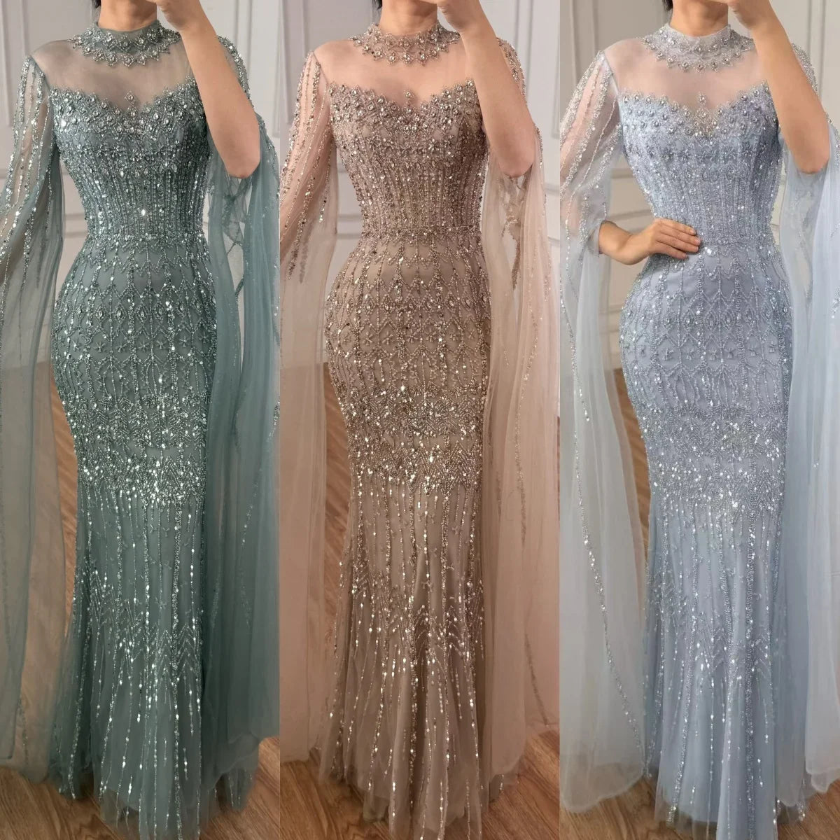 Zapdress Customized Turquoise Beaded Mermaid Evening Dress with Cape Sleeves 2026 Formal Party Gowns for Women DLA72714AA (ZD17229)