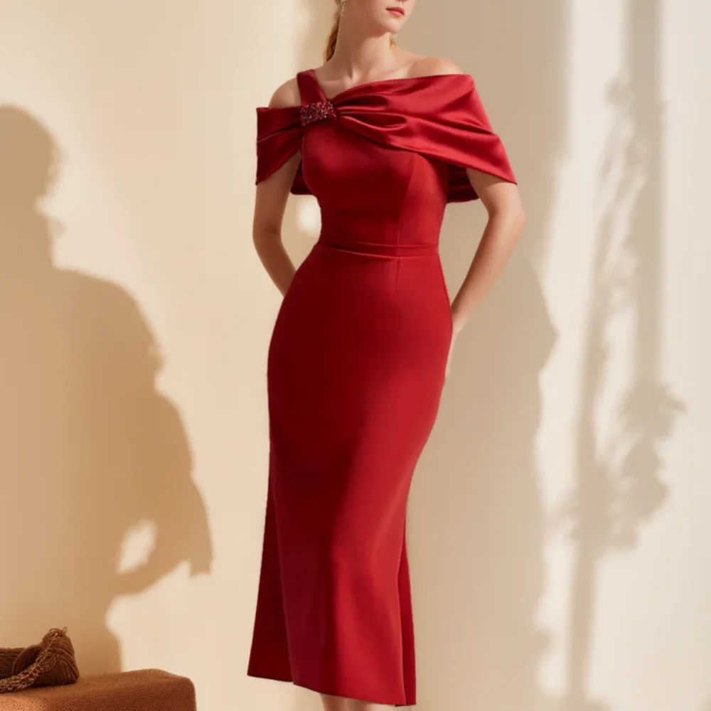 Customized Simple Mermaid Mother Dresses One Shoulder Beading Wedding Party Gowns Mid-calf Length New Formal Bridal Dress Red