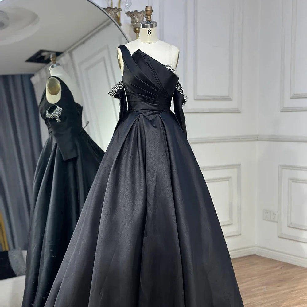 Zapdress 2025 Elegant Black One-Shoulder A Line Beaded Evening Dresses Gowns with Sleeveless For Party DLA72741 Customized (ZD17183)