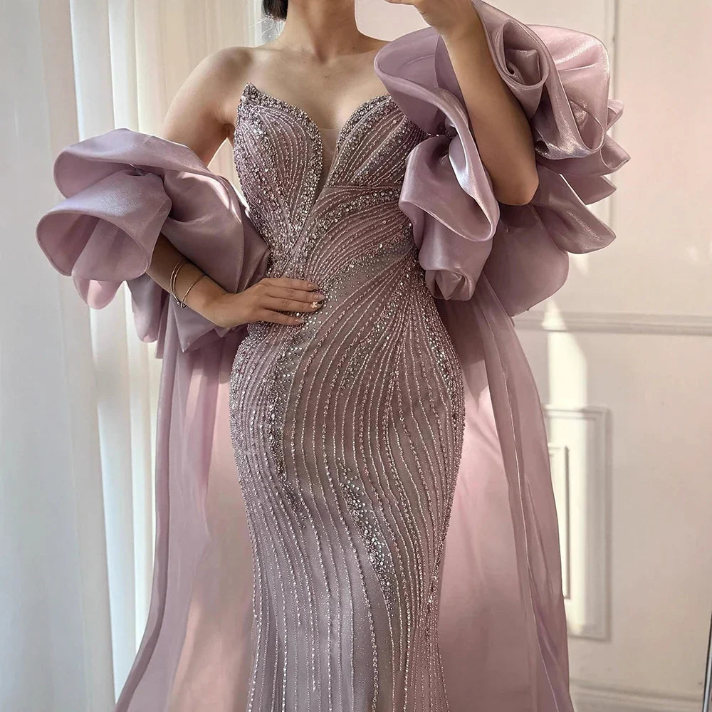 Zapdress Pink Strapless Mermaid Beaded Evening Dresses with Cape Elegant Party Gowns for Women Customized (ZD17223)