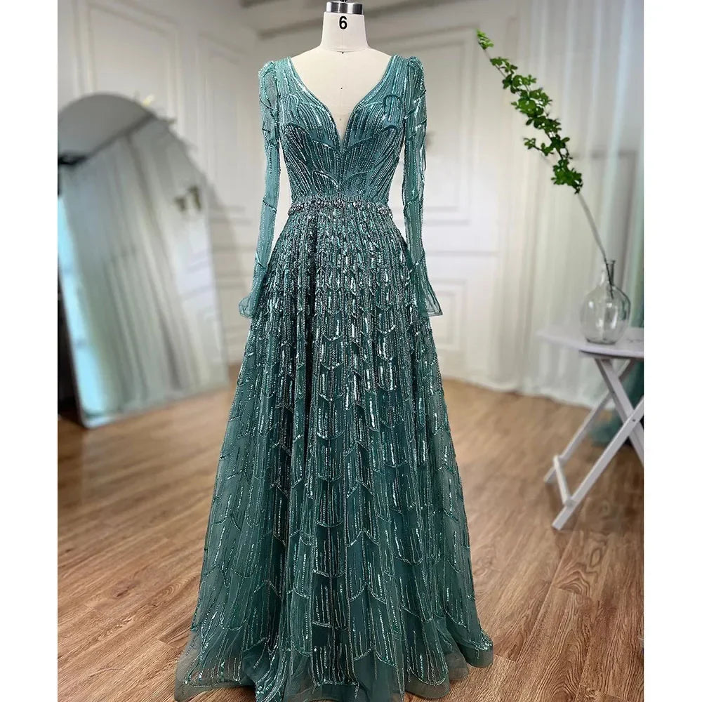 Zapdress Customized Turquoise Muslim Long Sleeve A Line V-Neck Evening Dresses Beaded Party Gowns For Women 2025 (ZD17333)