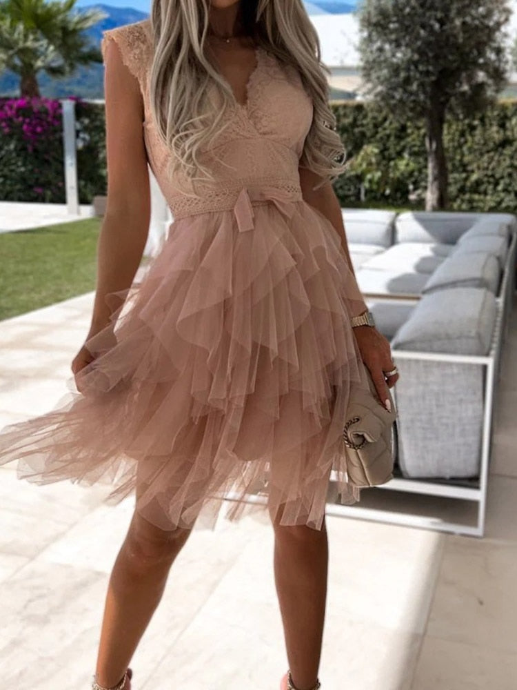 Lace Patchwork Asymmetrical White Dress Femme Sleeveless Slim Fit Party