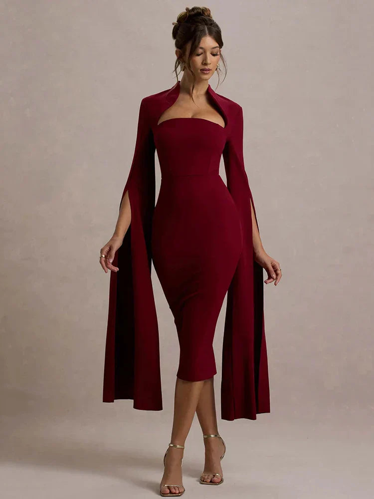 Cape Long Sleeve Square Collar Midi Dress