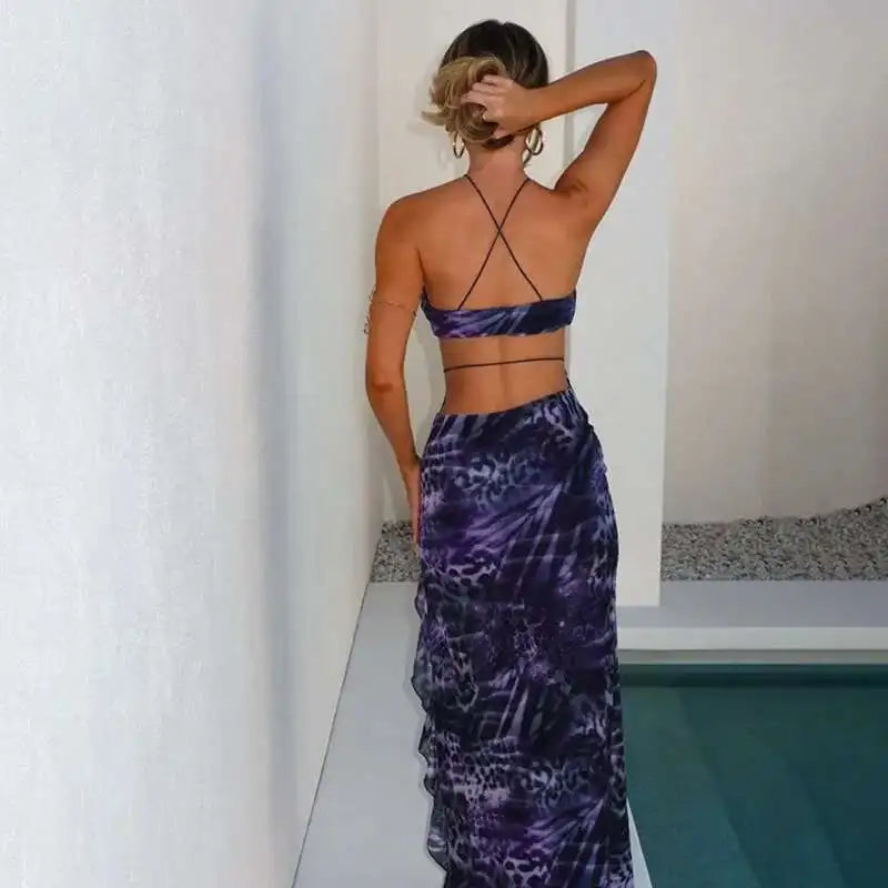 Ruffled Print Backless Midi Long Summer Dress - View 3 | VelvetHem