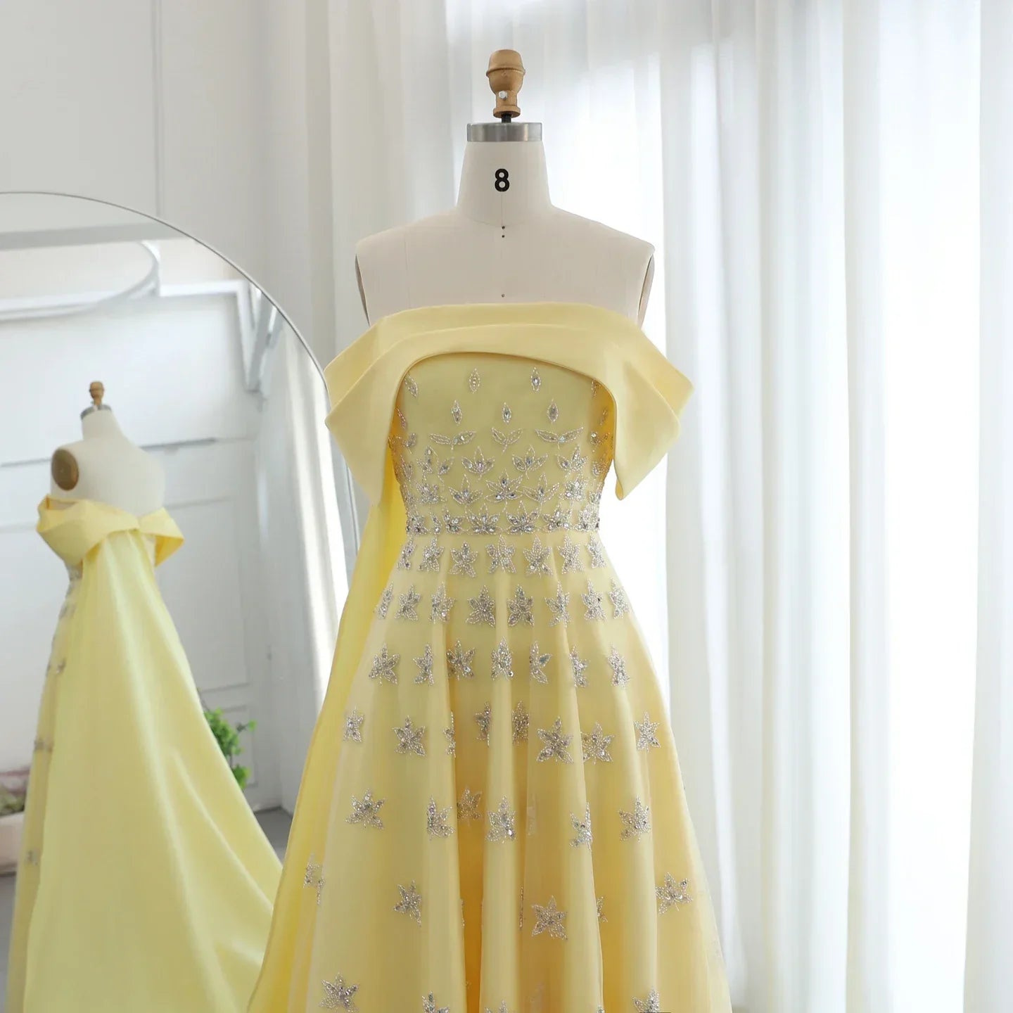 Yellow Satin Evening Gown with Cape