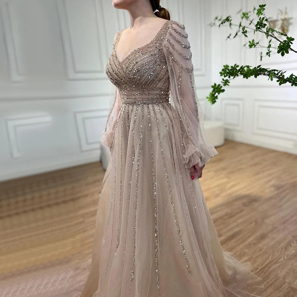 Zapdress Customized Navy Long Sleeves A-Line Beaded Arabic Evening Dresses Gowns 2024 For Women Wedding Party (ZD17328)