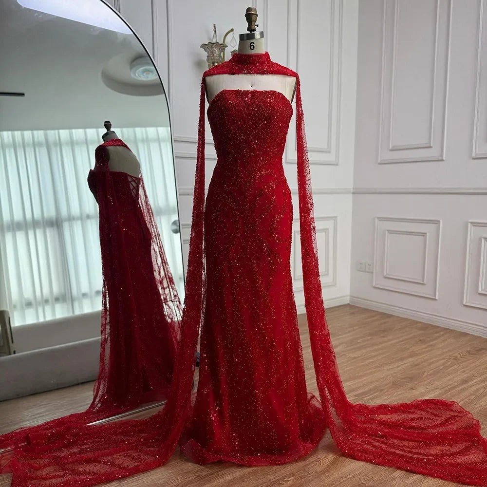 Zapdress Red Mermaid Detachable Cape Sleeves Evening Dresses with Lace Up Back Party Gowns for Women DLA72824 Customized (ZD17177) - VelvetHem