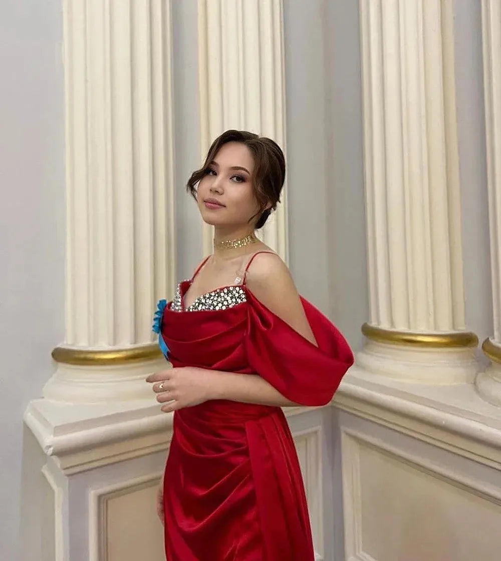 Exquisite Formal Evening Dresses Mermaid Prom Gowns Sexy Side Split Off The Shoulder Crystal Pleats Occasion Party Dres