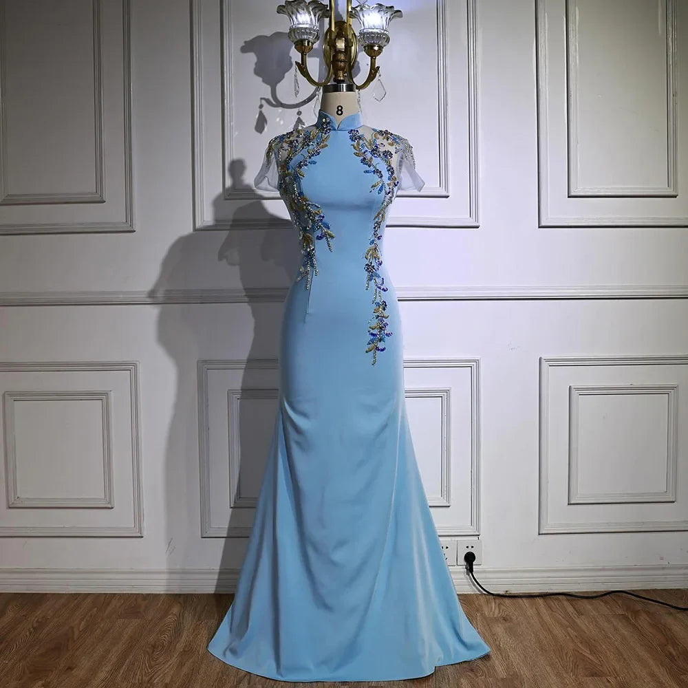 Zapdress Customized 2025 Saudi Mint Mermaid Beaded Satin Evening Dress Gown with for Formal Occasion (ZD17308)
