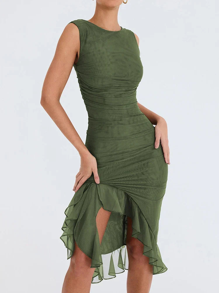 Elegant Ruffle Ruched Backless Midi Dress - View 2 | VelvetHem