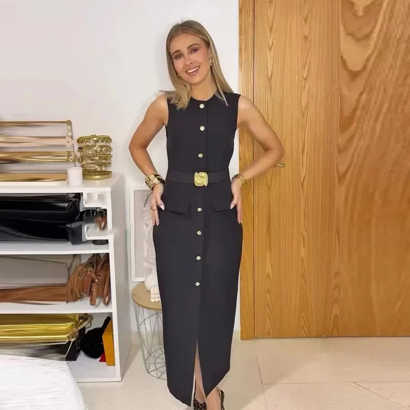 Black Sleeveless Midi Belt Button Office Work Dress - VelvetHem