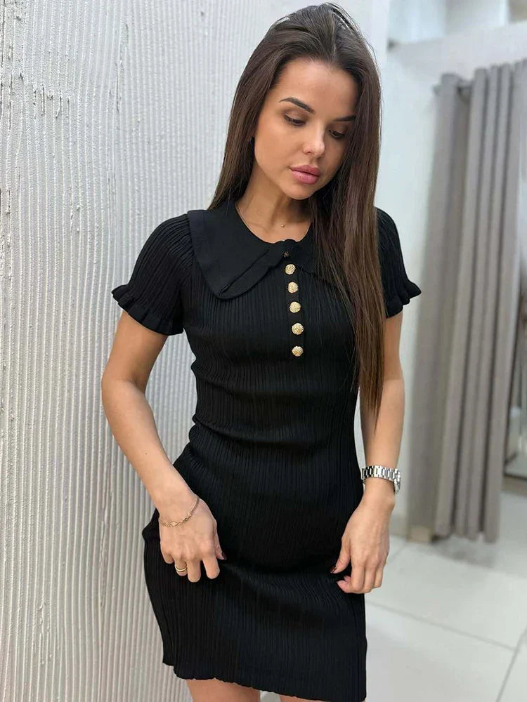 Ruffled Knitted High Waist Short Sleeve Bodycon Work Dress
