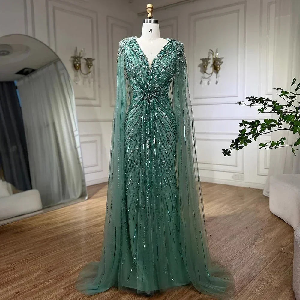 Zapdress V-neck Turquoise Beaded Mermaid Evening Dress with Cape Plus Size Party Gowns for Women DLA72168A Customized (ZD17231)