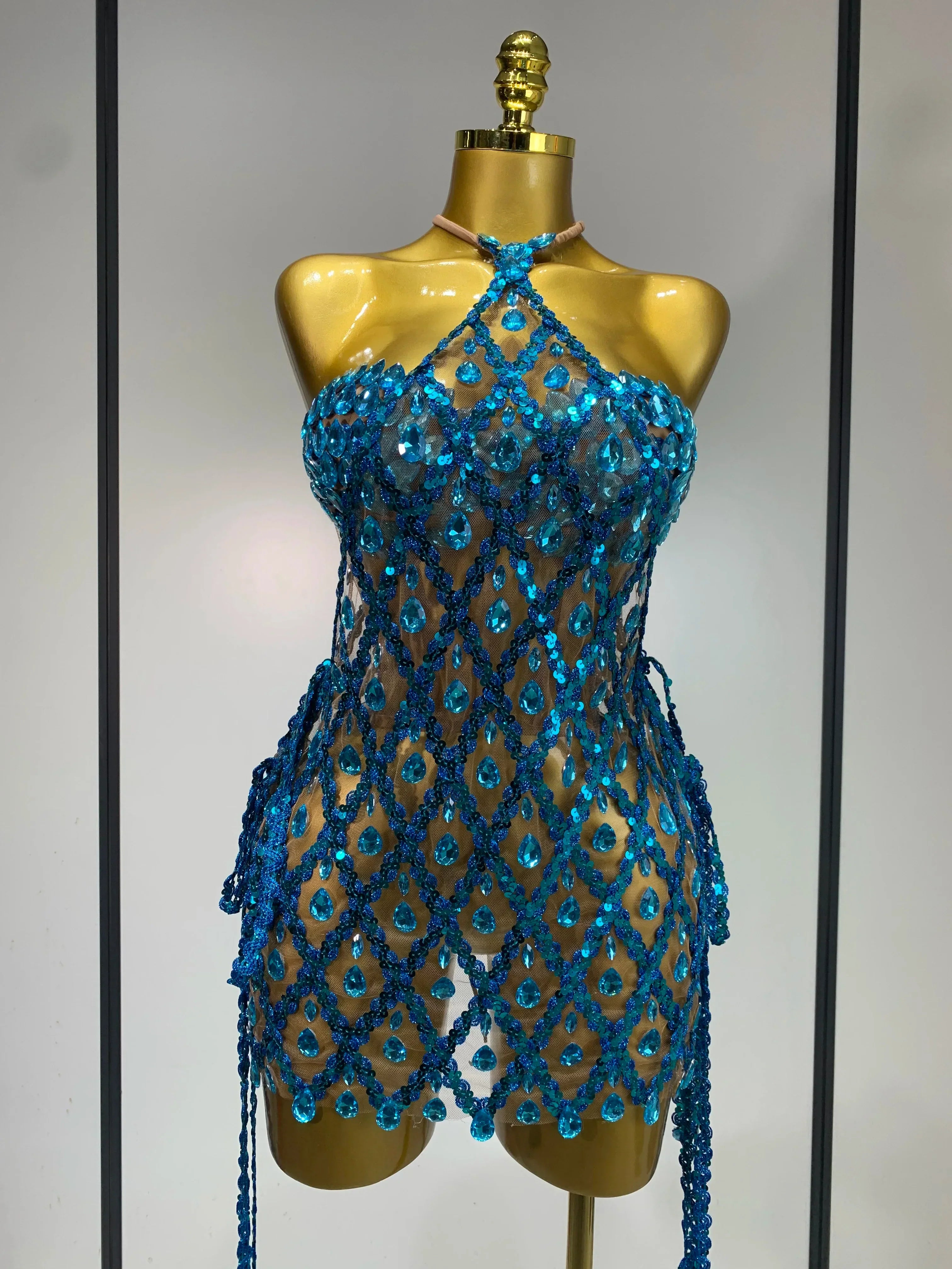 Sparkly Sequin Diamond Mesh Transparent Two Piece Set Women Sexy Evening Party Celebrate Birthday Photo Shoot Wear Blue