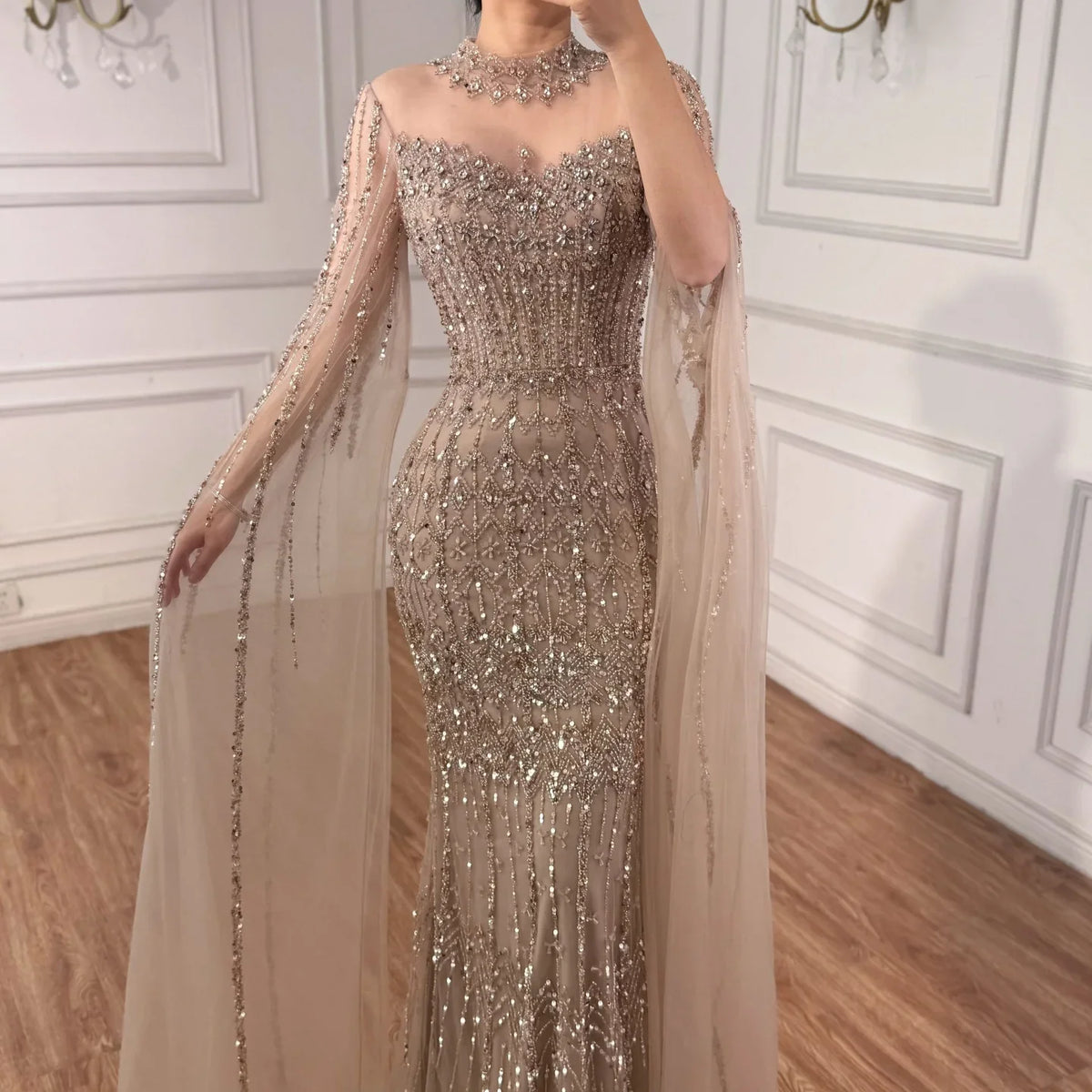 Zapdress Customized Turquoise Beaded Mermaid Evening Dress with Cape Sleeves 2026 Formal Party Gowns for Women DLA72714AA (ZD17229)