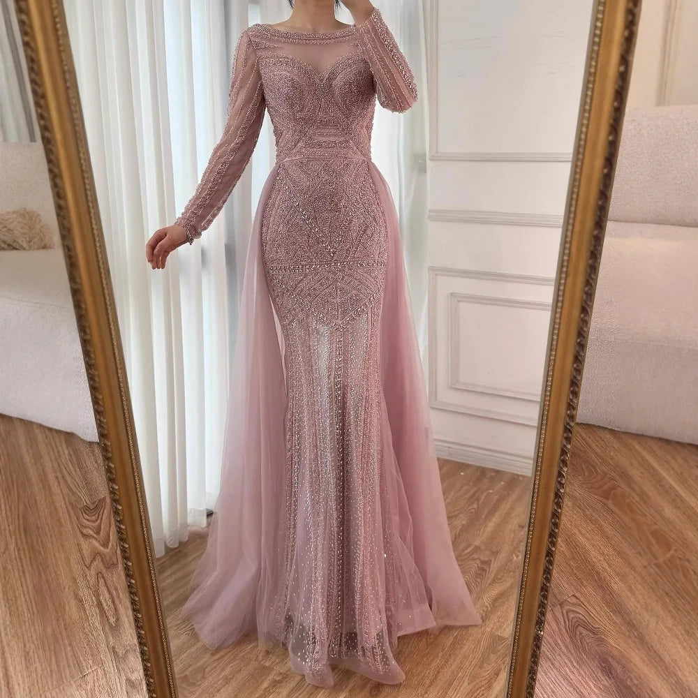 Zapdress Pink Long Sleeves Mermaid Beaded Evening Dress Formal Party Gowns for Women DLA72967 Customized (ZD17207)