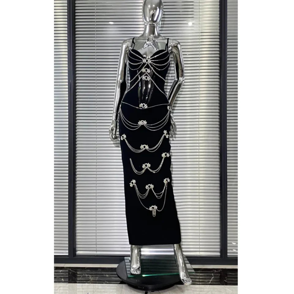 Luxury Woman Haute Couture Evening Dress Sparkling Diamonds Strapless Black Ankle Length Bandage Dress Birthday Party Outfit