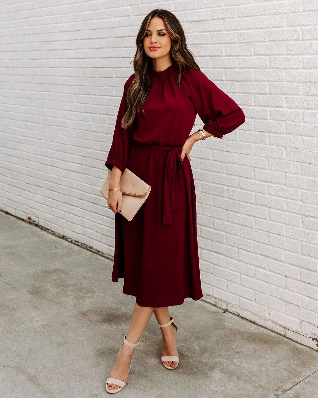 Elegant Office Dress Formal Loose Green Long Sleeve Belt ALine Midi Dresses