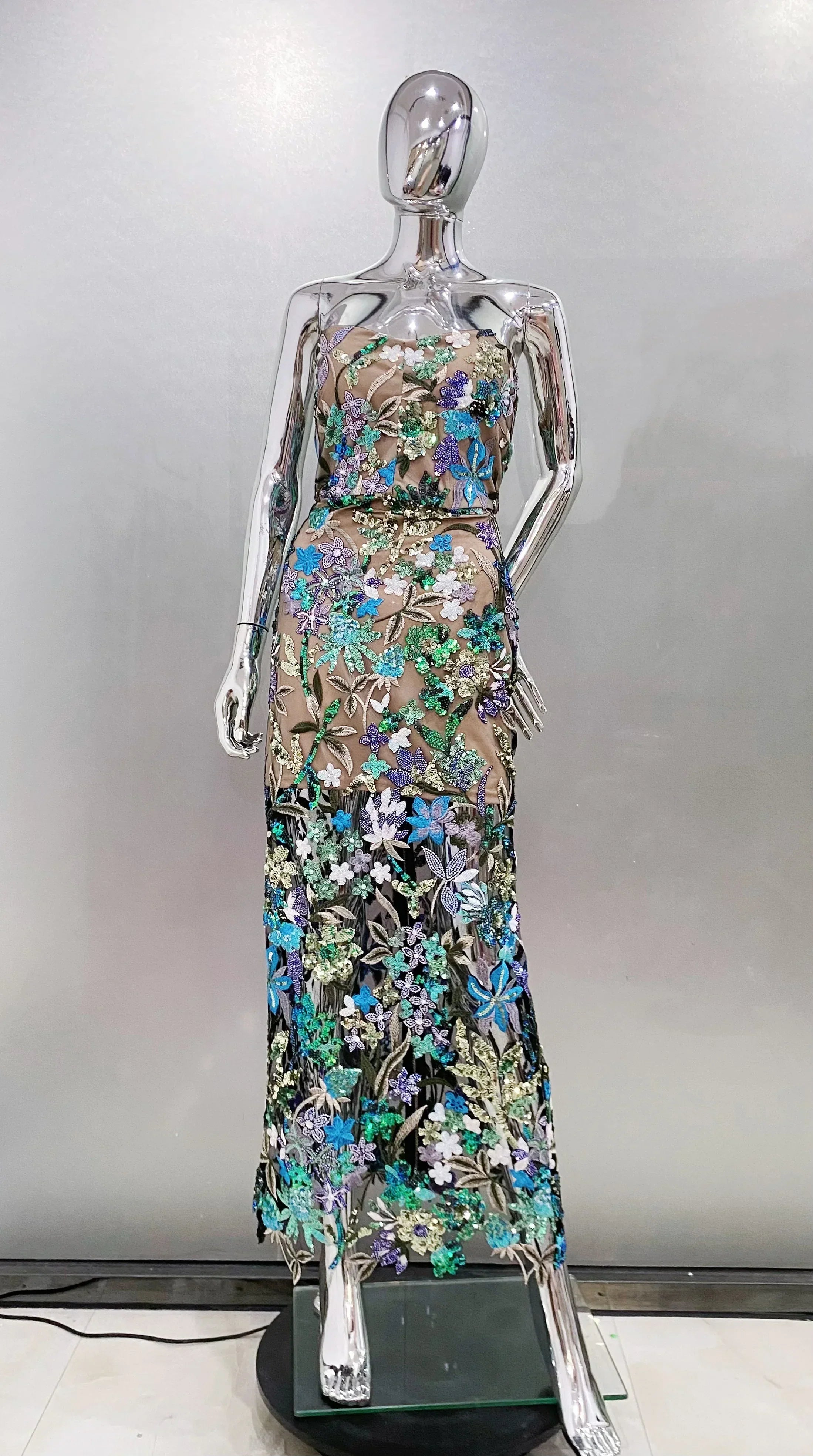 Sequin Flowers Embroidery Sexy Mesh See Through Strapless Ankle Length Dress Elegant Woman Evening Dress Celebrity Party Outfit green