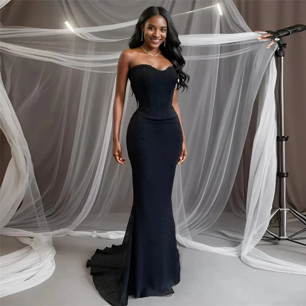 Modest Saudi Arabia Prom Dresses Mermaid Strapless Fitted Bone Ruffles Side Slit Formal Evening Dress Women Party Gown Black